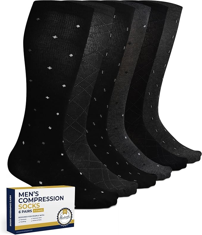 Pembrook Light Compression Socks for Men - 6 Pairs | 8-15 mmHg Graduated Compression Socks for Men 9-12 | Support Socks
