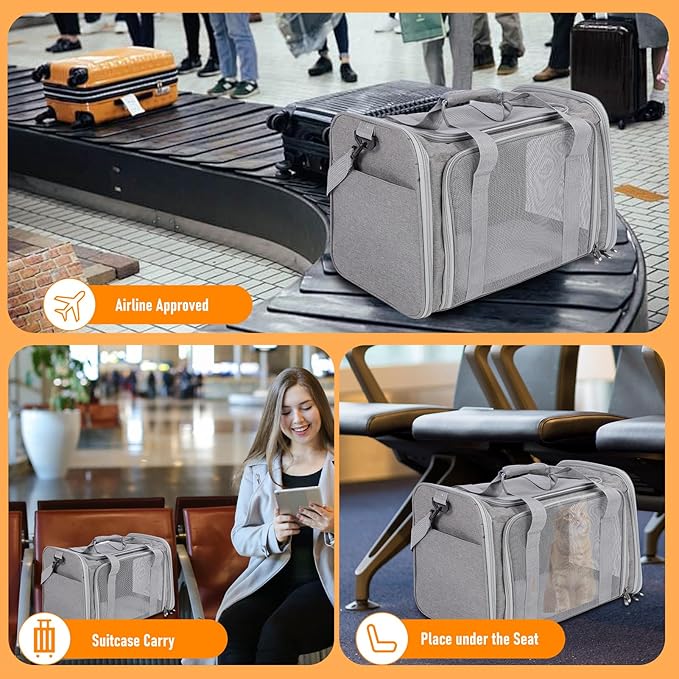 Pet Portable Travel Carrier Bag for Cats Dogs, Mesh Travel Puppy Carrier, Oxford Fabric Large Capacity Breathable Soft-Sided Animals Carrier with Mat Shoulder Strap (Grey)