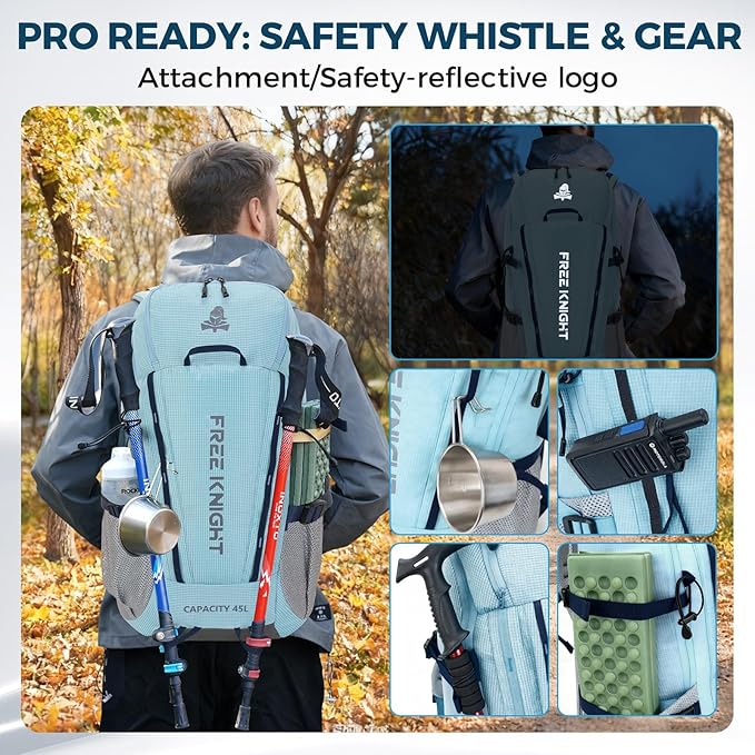 Bseash 45L Waterproof Hiking Camping Backpack with Rain Cover, Outdoor Sport Travel Bag Daypack for Climbing Skiing Cycling (Blue)