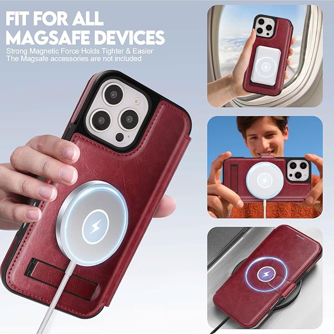 CIVICASE for iPhone 16 Pro Wallet Case with Stand,PU Leather Flip Credit Card Holder Slots (RFID Blocking),Compatible with Magsafe Magnetic Holder Phone Cover Women Men,Wine Red