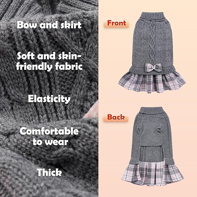 YUDODO Small Dog Sweater Dress with Bowtie Turtleneck - Knitted Pet Girl Dog Winter Clothes - Pet Warm Sweater for Puppy Yorkies, Chihuahua (S Grey)