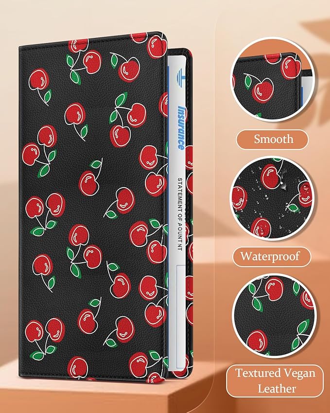 Slohif Car Registration and Insurance Card Holder with Magnetic Shut - Vehicle Glove Box Organizer Women Leather Automobile License Holders Coasters Auto Accessories Case for Document,Cherry