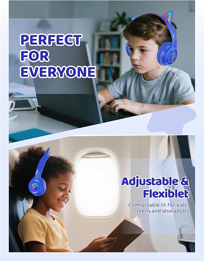 MIDOLA Kids Headphones Cat Ear Wireless Bluetooth 5.3 60H Over Ear, 8H with Led Light Foldable Headset with Aux 3.5mm Mic for Travel Pad Tablet Blue