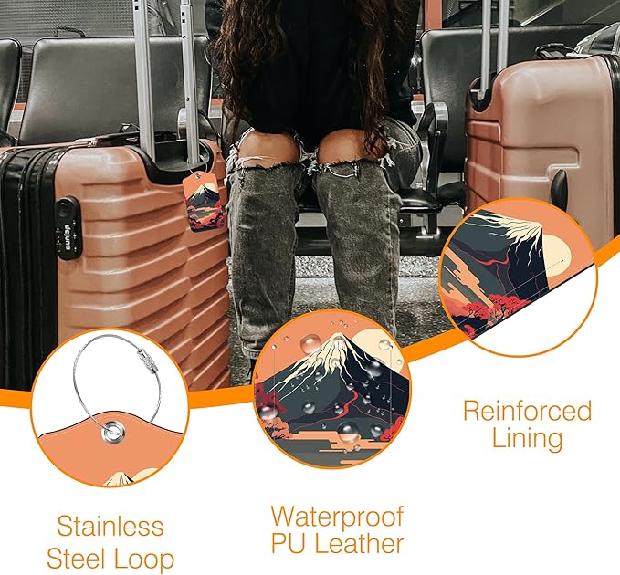 2 Pack Luggage Tag for Suitcase Japanese Mount Fuji and Sea Leather Travel Cruise Luggage Tag with Stainless Steel Loop Name ID Label Privacy Cover for Adults Teens Travel Bag Labels Set