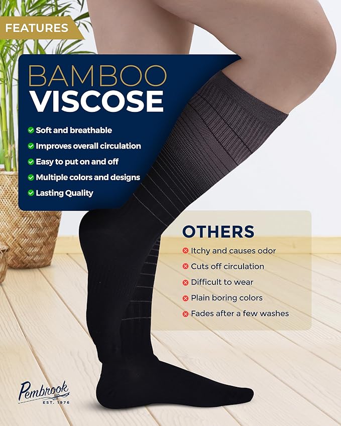 Pembrook Bamboo Viscose Light Compression Socks - 3 Pairs | 8-15 mmhg Compression Socks | Knee High Comfort Support Socks