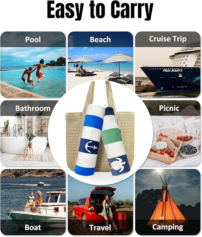 cabanana Large Beach Towel Oversized - Cotton Velour 35 x 70 Inch Anchor Striped Terry Pool Towel, Cabana Soft Swimming Towel for Adults Women Men (Navy Blue)