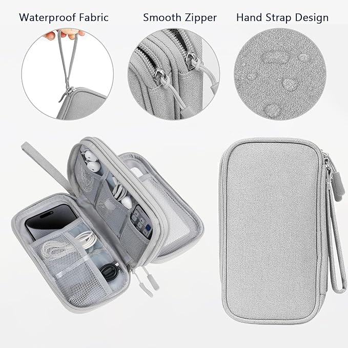 Portable Waterproof Double Layers Travel Cable Organizer Pouch Electronic Accessories Carry Case All-in-One Storage Bag for Cord, Charger, Phone, Earphone, Grey