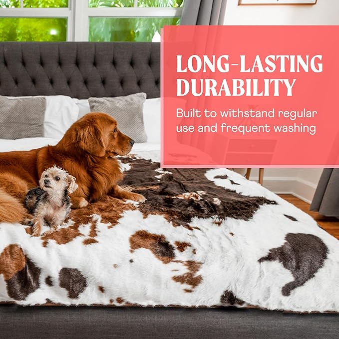PAW BRANDS PupProtector Waterproof Throw Blanket for Dogs and Cats, Pet Blanket Cover for Couches, Sofas, Beds, Car Seats, Furniture, Calming Soft Faux Fur, Brown Cowhide, Large (80" L x 62" W)