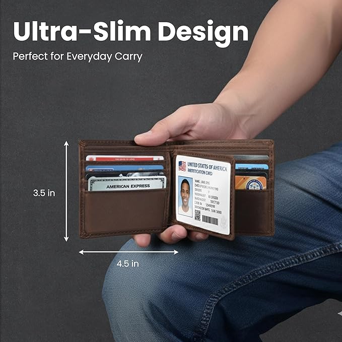 Trizek Leather Wallet for Men, Genuine Leather RFID Blocking Bifold Wallet, Minimalist Slim Design, Stylish and Secure Credit Card Holder (Brown)