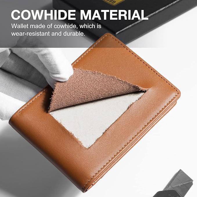 GSOIAX Mens Slim Wallet for Men Minimalist Genuine Leather Carbon Fiber Rfid Blocking Bifold Credit Card Holder With Gift Box (Brown and Grey)