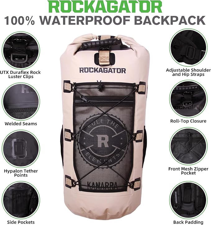 Rockagator Kanarra 90L Waterproof Backpack for Camping, Hiking, Mountaineering, Backpacking, Hunting, Fishing, Canoeing, Outdoor Activities, The Wet Outdoors - Large Capacity, Roll Top Closure, Tan