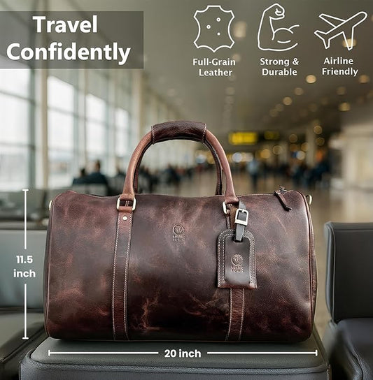 Leather Duffle Bag for Men - Full Grain Leather Travel Bag - TSA Approved Carry On Weekender Overnight Duffel Bag (20 inch)