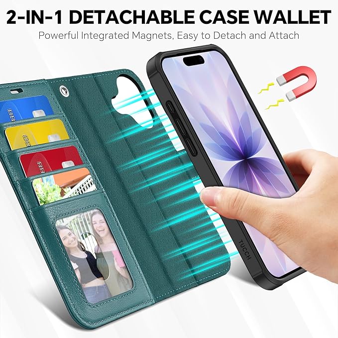 TUCCH Removable Case Wallet for iPhone 17 (6.3") 2025, Detachable Wrist Strap, Wireless Charging, Stand, 4 Card Slots RFID Blocking, 2-in-1 Magnetic, PU Leather Shockproof Cover, Teal Blue