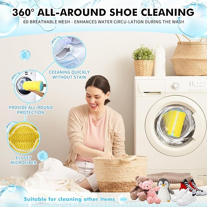 (2-Pack) Shoe Washing Machine Bag with 4 Shoe Trees, Sneaker Laundry Bags for Washer & Dryer, 360° Protective Mesh Shoe Cleaning Bag with Self-Locking Zipper and Safely Wash Shoes in Washing Machine.