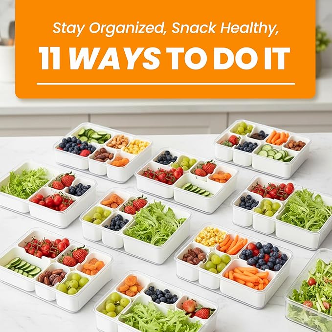 Dishwasher Safe Snackle Box Container 11 Removable Compartments - Divided Serving Tray with Lid and Handle - Portable Snack Box BPA Free - Premium PCTG Plastic Snack Tray
