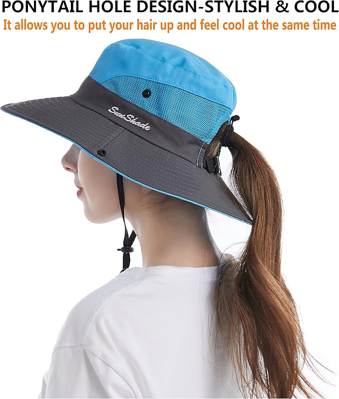 Tutuko Womens Wide Brim Sun Hats Foldable UV Protection Beach Bucket Hats Ponytail Mesh Fishing Hat