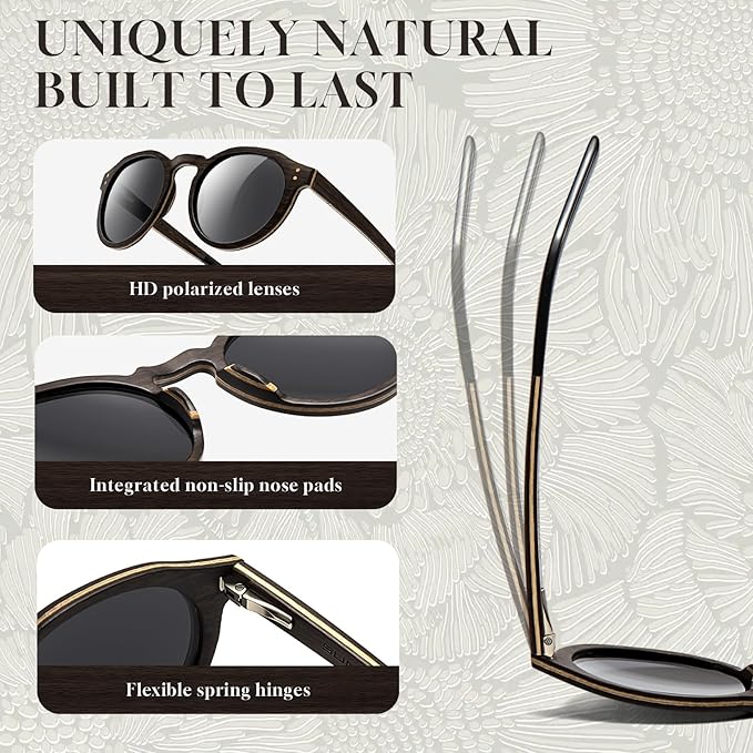 SUNGAIT Black Oak & Dark Ebony Wood Sunglasses Womens Polarized Round UV400 Protection Retro Vintage Gift-ready Case Included