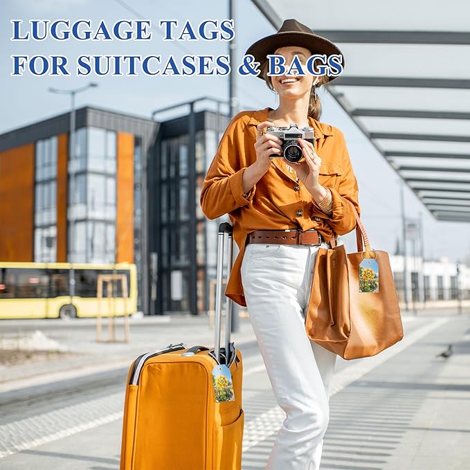 Luggage Tag, Luggage Tags for Suitcases, Personalized Bag Tags for Backpacks Handbag School Instrument with Name ID Label Travel Essentials, Cute Unique Fun Baggage Tags 2 Pack, Sunflower