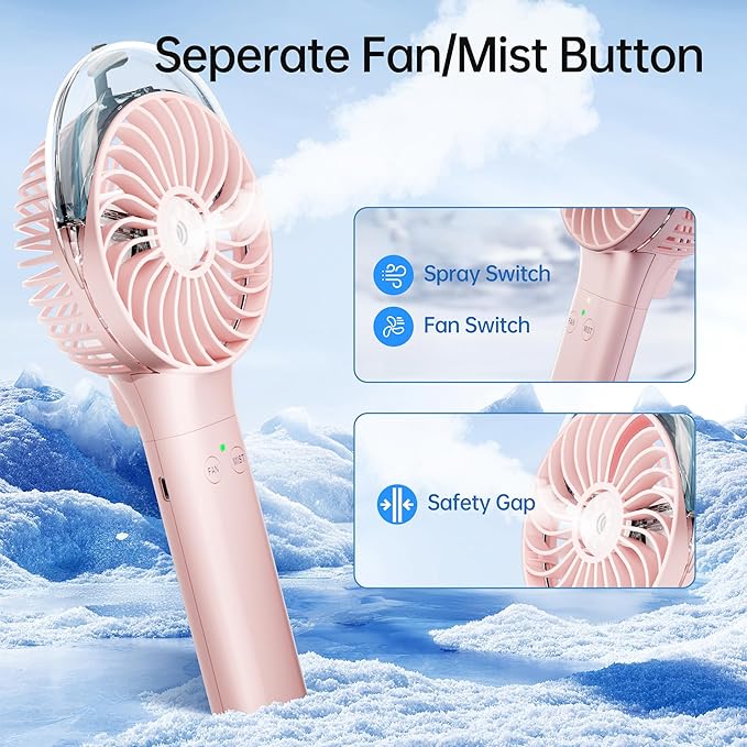 PANERGY Handheld Misting Fan – Rechargeable Battery Operated,Handheld Personal Fan with Mist Spray, Electric Hand Fans, 180° Foldable Mister Fans for Travel, Camping, Disney, Concerts, Office(Pink)