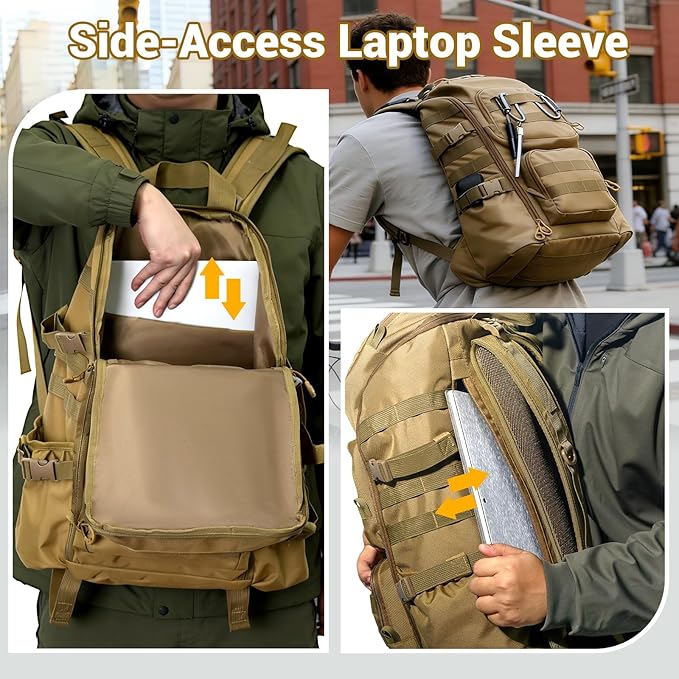 kokkoya Lightweight Tactical Backpacks with Laptop Compartment for Men 40L EDC MOLLE Military Style 17 in Computer with Cup Holder Travel Hiking Daypack (Khaki)