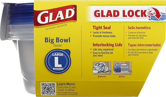 Glad Big Bowl Food Storage Containers, Large Round - (48 Oz) - 3 Count, Standard