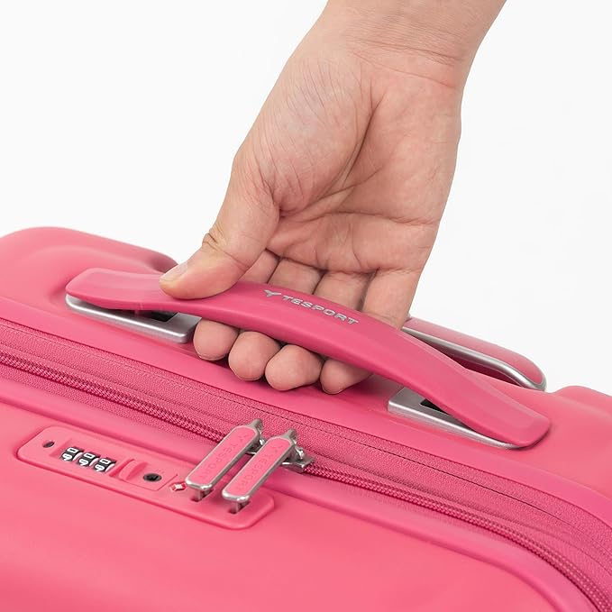 Tesport 22in Hard Shell Carry-On Luggage with Spinner Wheels, Lightweight PC Expandable Carry-On Suitcase with TSA Lock, Built-in Cup Holder, Pink