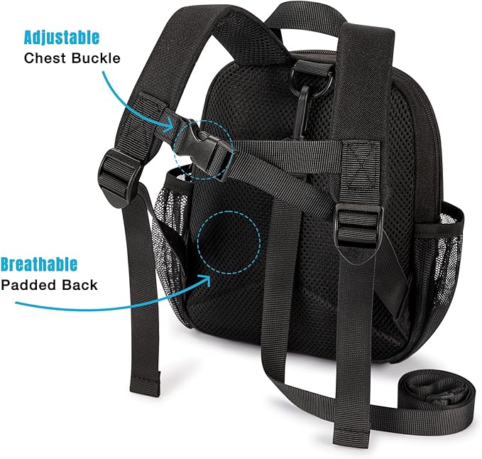 STEAMEDBUN Toddler Backpack Leash - Anti-Lost Harness Backpack for Boys Girls - 1-3 Years, Modern, Unisex, Black, 9.5" x 7" x 3.5", 5L, Polyester, Zipper, Solid, 4 Pockets, Machine Wash