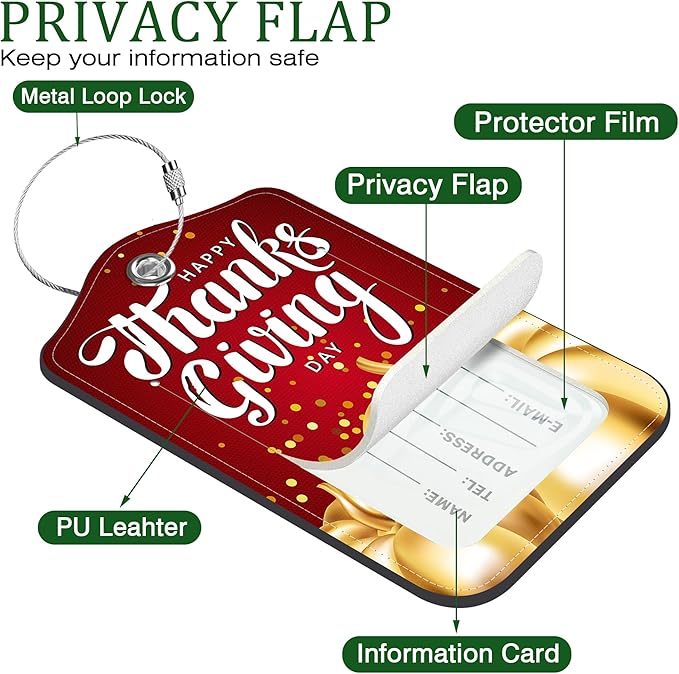 2 Pack Luggage Tag for Suitcase Happy Thanksgiving Day Leather Suitcase Tags with Privacy Name ID Label and Stainless Steel Loop for Travel Bag