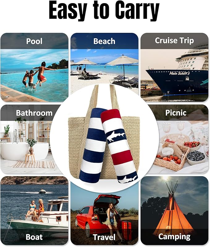 cabanana Large Beach Towel Oversized - Cotton Velour 35 x 70 Inch Blue Grey Striped Terry Pool Towel, Cabana Soft Swimming Towel for Adults Women Men (Navy Grey)