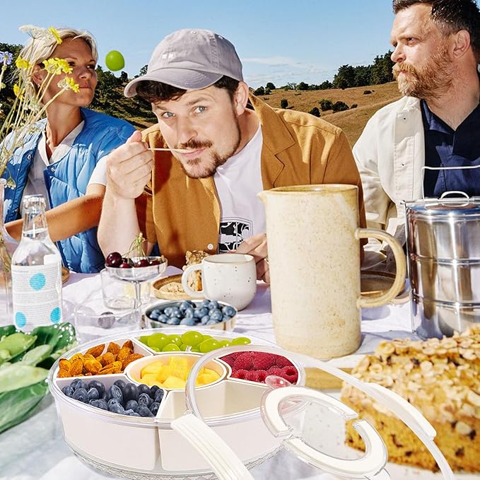 TAROSE Divided Serving Tray with Lid and Handle, 360° Rotating 6.6L Large Capacity Snackle Box Container with Dividers, Portable Snack Boxs for Fruit Veggie Salad, Beach Essentials Ideal for Picnic