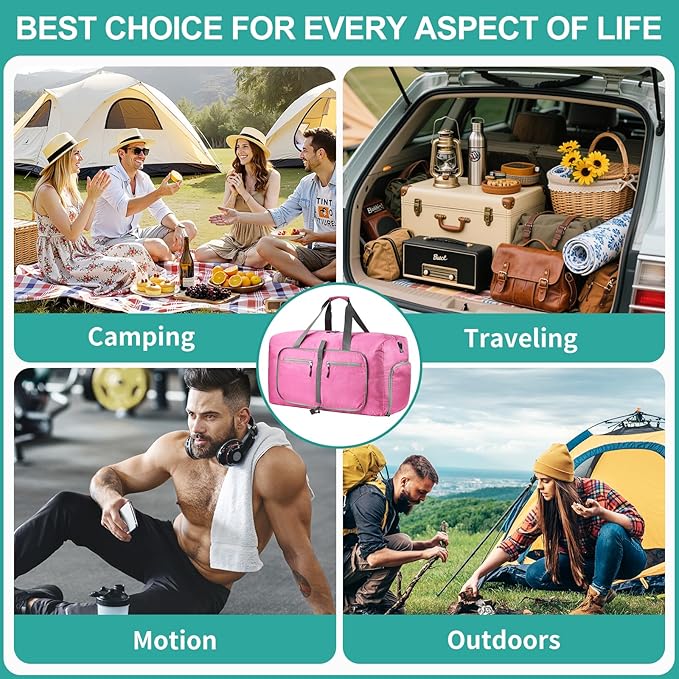 Dimayar Travel Duffle Bag for Men Women - Foldable Duffel Bag with Shoes Compartment - Overnight Bags Waterproof & Tear Resistant(65L,Pink)