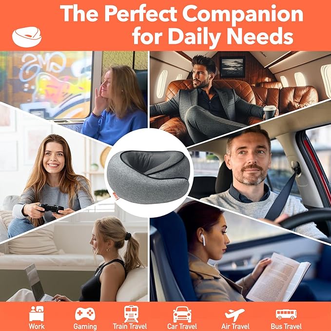 Travel Pillow | High-Density Memory Foam Pillow with 360° Surround Support. Ergonomically Designed. Ideal for Airplane Travel and Home Use.