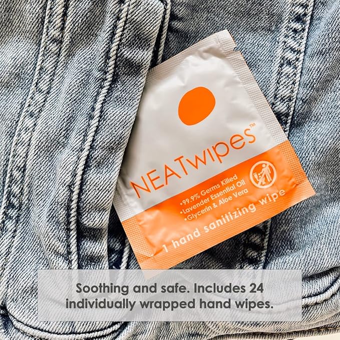 NEATwipes Hand Sanitizing Wipes | Travel Size | Disposable Wet Wipe & Biodegradable | Fresh Citrus Essential Oil | Soothing Aloe Vera | 24 Individually Wrapped Wipes