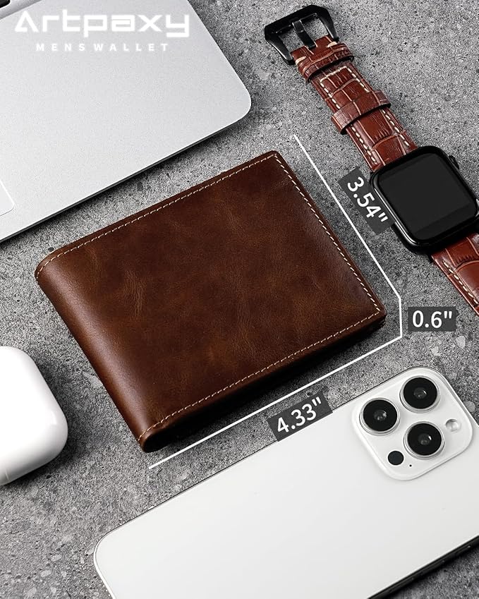 Artpaxy Mens Wallet Bifold Genuine Leather RFID Blocking Wallet for Men with 2 ID Windows 11 Card Holders 2 cash pockets 1 Gift Box