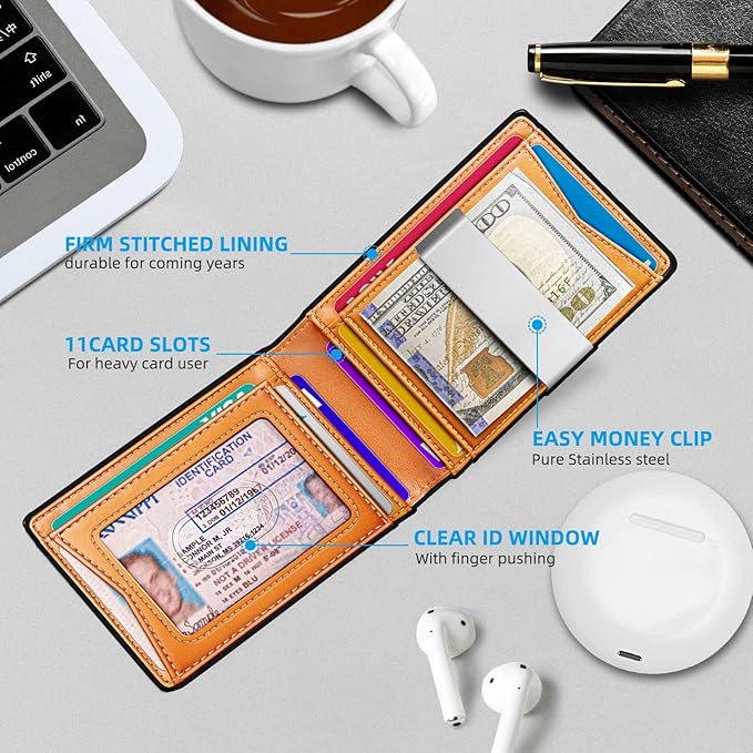 BULLIANT Men Wallet Airtag&Standard Use,Slim Front Pocket Wallet Money Clip for Gifg Men RFID Blocking 11Cards