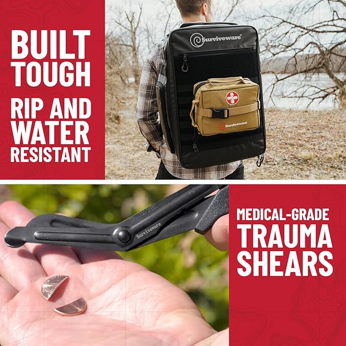 Surviveware 119 Pcs Comprehensive Premium Survival First Aid Kit - Medical Emergency Kit for Travel Camping Gear, Home Essentials & Outdoor Emergencies - HSA & FSA Eligible Survival Kit