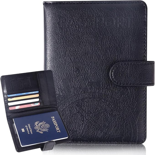 Passport Holder and Card Slot Combo RFID Blocking Leather Family Travel Passport Wallet Travel Accessories for Men Women US Passport Cover Protector (Travel black)