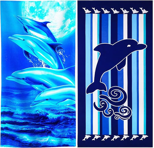 Genovega 2 Packs Oversized Beach Towel Set Extra Large Big XL Pool Camping Swim Clearance Towels 36x72 Soft Blanket Cruise Essentials Accessories Must Haves Vacation Necessities Adult Blue Dolphins
