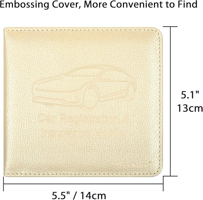 Car Insurance and Registration Holder, 5.5 x 5 Inch PU Leather Vehicle Glove Box Organizer Wallet Case for Insurance Card, Driver License, Paperwork - Champagne