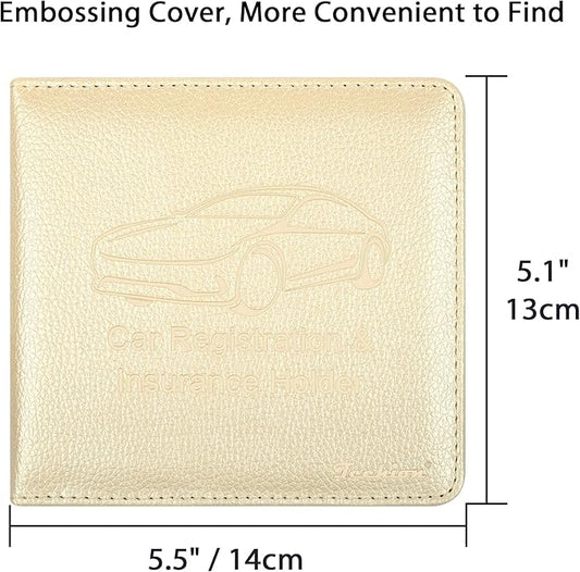 Car Insurance and Registration Holder, 5.5 x 5 Inch PU Leather Vehicle Glove Box Organizer Wallet Case for Insurance Card, Driver License, Paperwork - Champagne