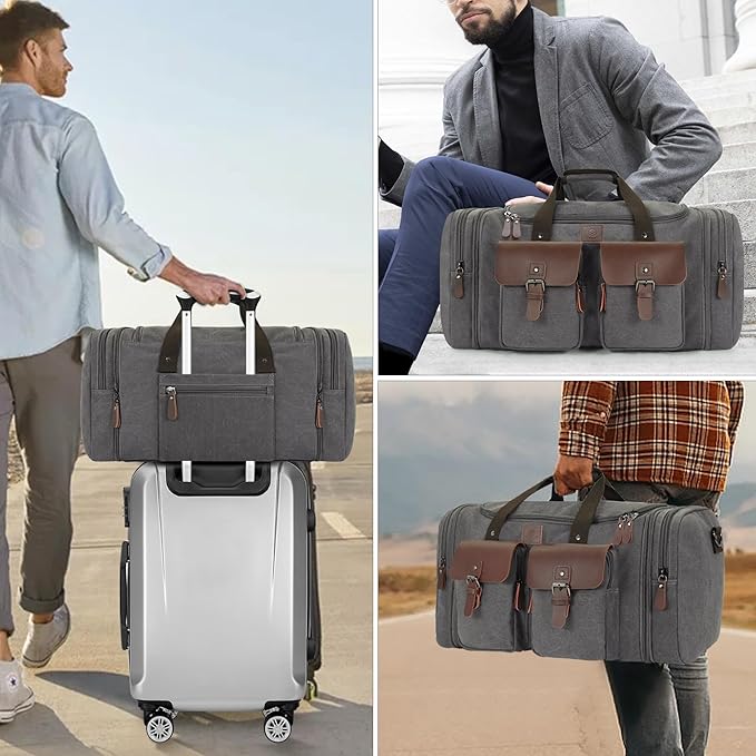 Canvas Duffle Bag for Men 60L Travel Duffel Bags Expandable Genuine Leather Duffel Overnight Weekender Carry On Bag Two Zipper Pockets Travel Bag (Grey, X Large-60L)