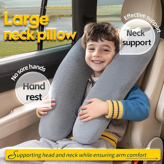 MAGIC ELEPHANT Travel Pillow for Car Sleeping, Car Pillow for Kids Travel and Adults, Neck Pillow and Road Trip Essentials for Kids, Light Grey