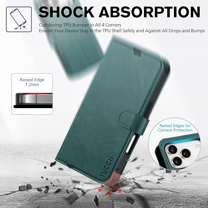 TUCCH Wallet Case for iPhone 17 Pro (6.3-Inch) 2025, 4 Card Holders, RFID Blocking, Stand, Shockproof TPU Shell, PU Leather, Magnetic Closure, Protective Flip Folio Cover, Teal Blue