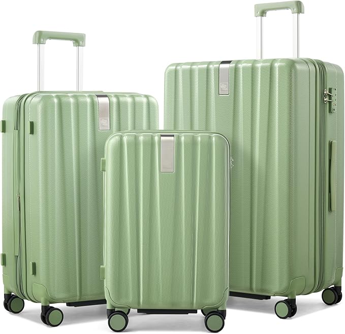 Hanke Expandable Hardshell Luggage Sets 3 Piece Extra Large Suitcases with Lock,28 Inch Luggage with Spinner Wheels, PC Travel Suitcase for Women Men 20 24 29Inch,Bamboo Green
