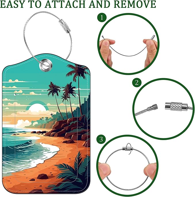 2 PCS Leather Luggage Tags for Suitcase Sea and Beach Coastal Landscape Travel Luggage Tag with Privacy Flap Name ID Label and Metal Loop for Travel Bag Suitcase