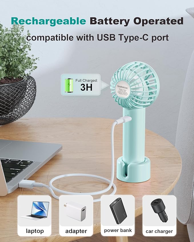 Coohea Mini Handheld Fan, Small Cute Design, 3 Powerful Speeds, USB Rechargeable Battery Operated, Portable Personal Fan with Base & Lanyard, for Eyelash Makeup Travel Beach Office Desk, Blue