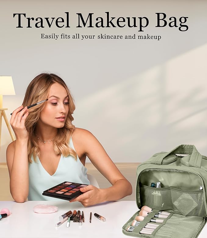 Travel Toiletry Bag for Women, Large Wide-open Puffy Cosmetic Makeup Bag with Wet-Dry Separation, Multi-Pocket Organizer with Carry Handle for Toiletries, Cosmetics, Essentials, Green