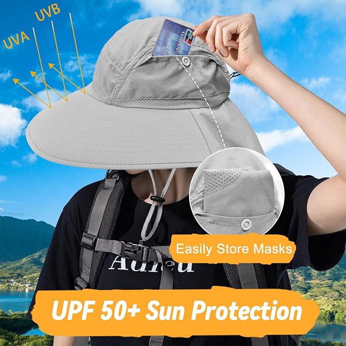 Sun Hats for Men Women Detachable Face Cover Wide Brim Fishing Hats with Neck Flap UPF 50+ Outdoor Safari Hats