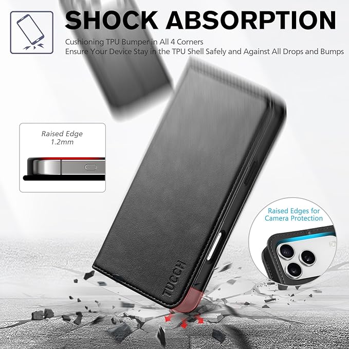 TUCCH Case Wallet for iPhone 17 Pro Max (6.9") 2025, RFID Blocking 3 Card Holders | Kickstand | PU Leather | Protective Flip Folio Cover | TPU Shockproof Interior Shell | Black