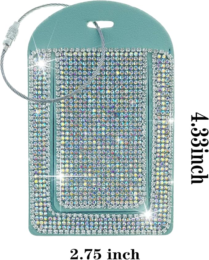 Blue Luggage Tags for Women's Suitcases Cute Bling Diamond Laether Travel Tags for Cruise and Travel Essentials-2 Packs